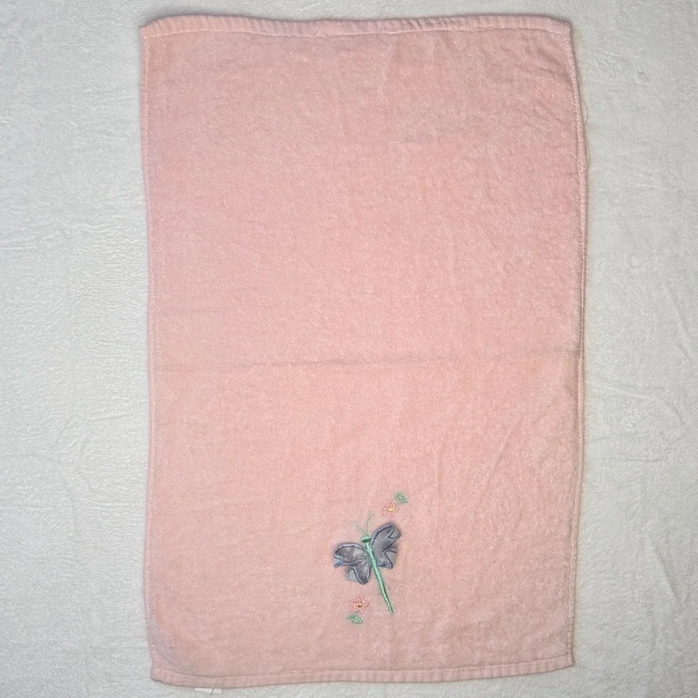 VTG Pink Butterfly Embroidered Bath & Hand Towel Set Cottagecore Coquette Decor